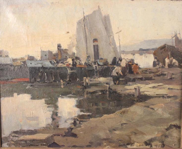 Vasili Sokolov Painting Oil Painting Steam & Sail: This picture was painted in 1946. It shows a small coastal port with a steamer, barge & sailing vessels. signed lower right Vasili Sokolov. Size 18"H x 22"W.