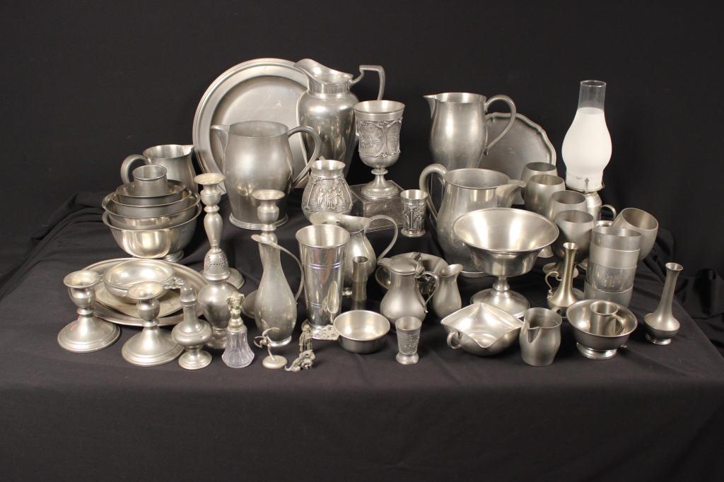 Large Pewter Lot: Sixty plus pieces of assorted pewter including, Holland, Steiff, Wallace, Rogers, Leonard, Woodbury etceteras.