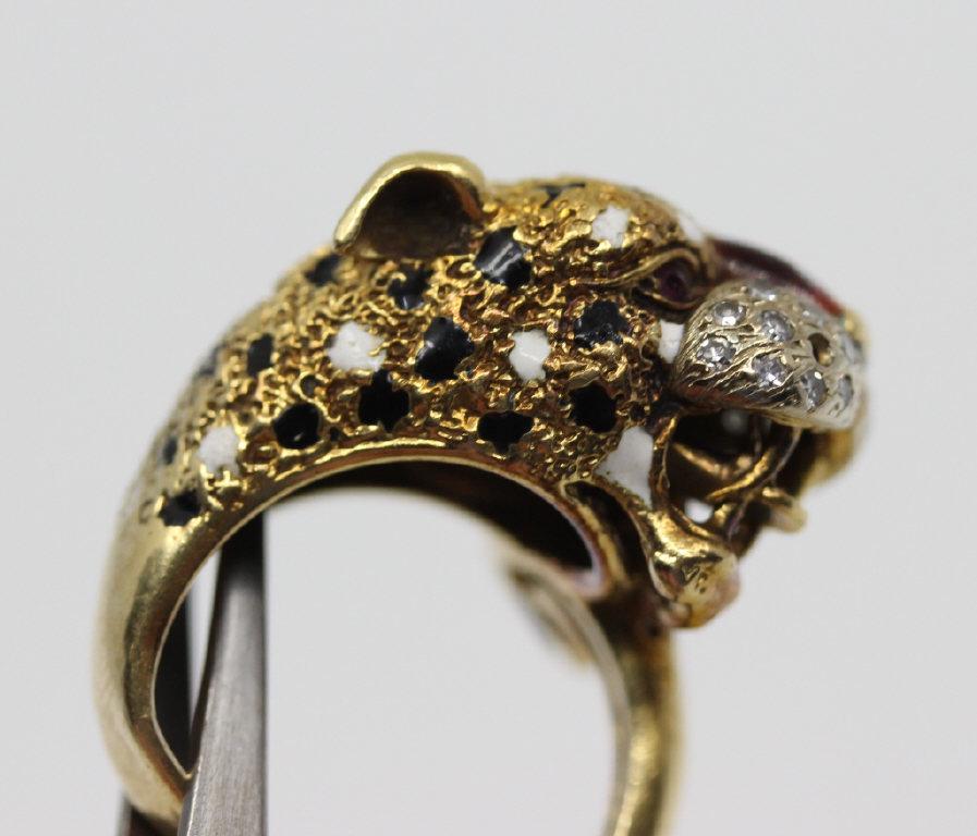 18K Gold Diamond, Ruby & Enameled Leopard Ring (1 of 8)