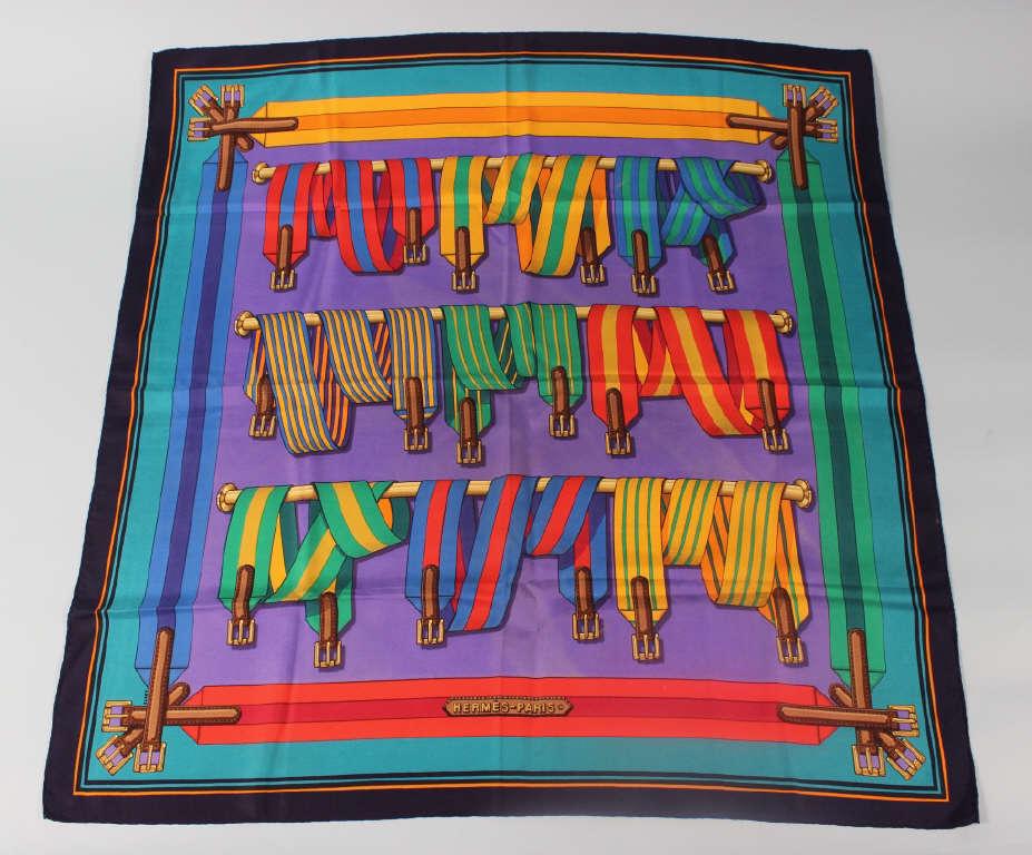 Hermes Silk Scarf: Authentic Hermes estate item. 100% silk scarf, 35" square, marked: Hermes. previously worn. Belt design.
