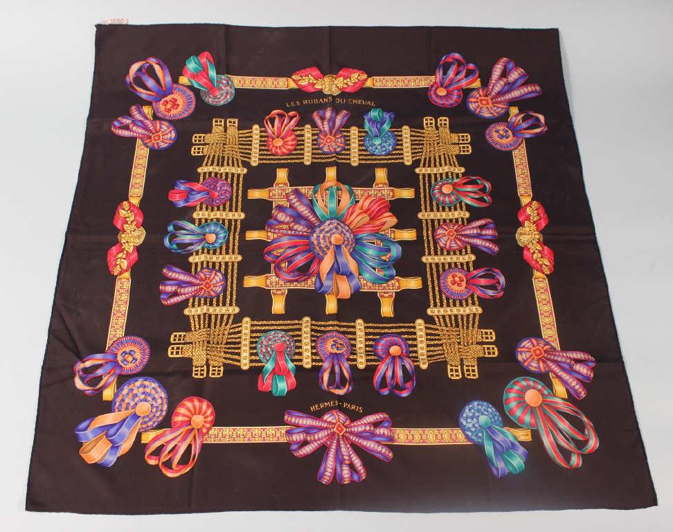 Hermes Silk Scarf: Authentic Hermes estate item. 100% silk scarf, 35" square, marked: Hermes. previously worn. Ribbon design.