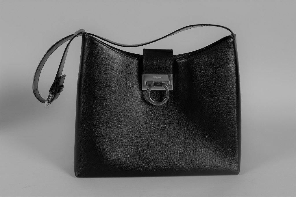 Salvatore Ferragamo Black Leather Shoulder Bag: Brass hardware made in Italy. Pre-owned estate item, see photos for condition. 12" L x 10" H x 2.5" W