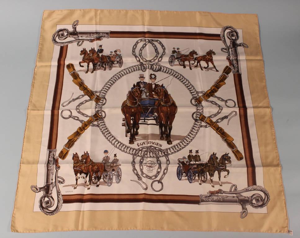 Hermes Silk Scarf: Authentic Hermes estate item. 100% silk scarf, 35" square, marked: Hermes. previously worn. Carriage design.