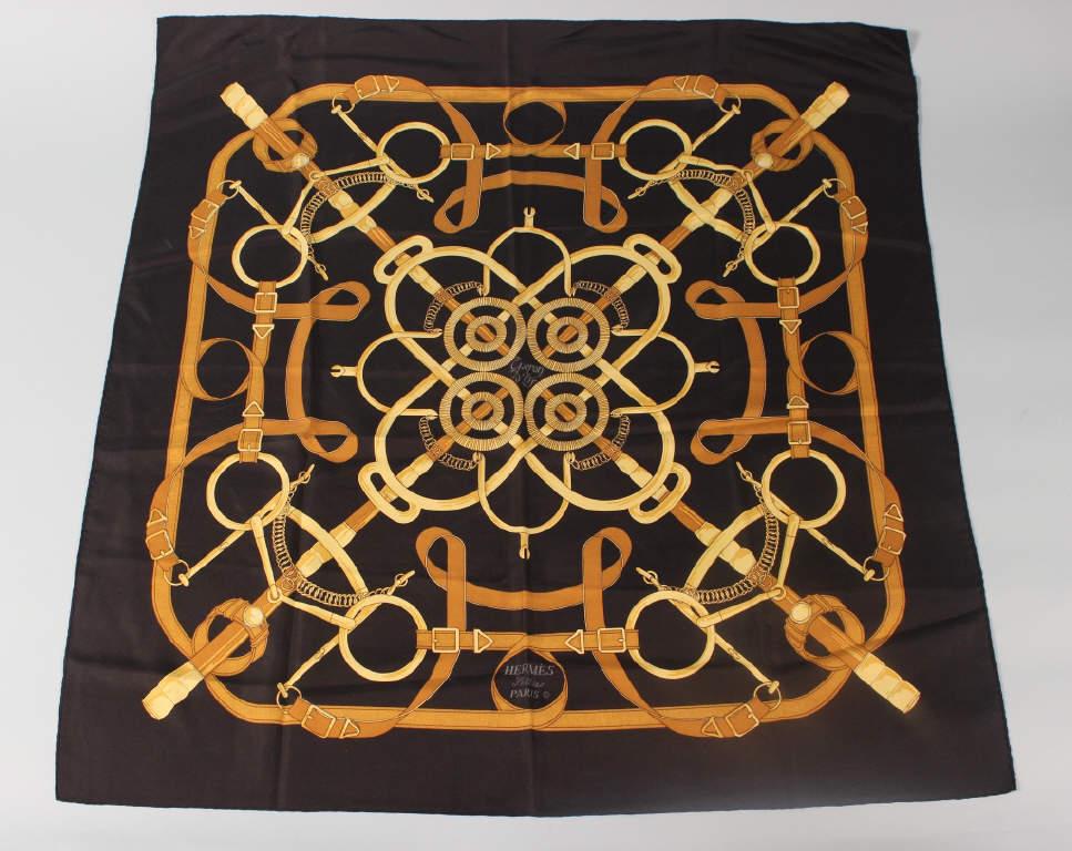 Hermes Silk Scarf: Authentic Hermes estate item. 100% silk scarf, 35" square, marked: Hermes. previously worn. Horse Bridle theme.At a bidders request we have taken more pics of this scarf and found a 8" pull, this may 