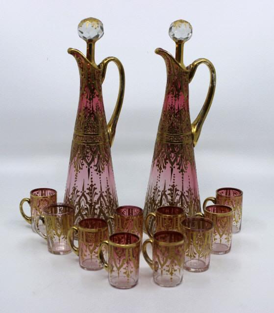 Pair of Cranberry Moser Decanters & 10 Cordials (1 of 12)