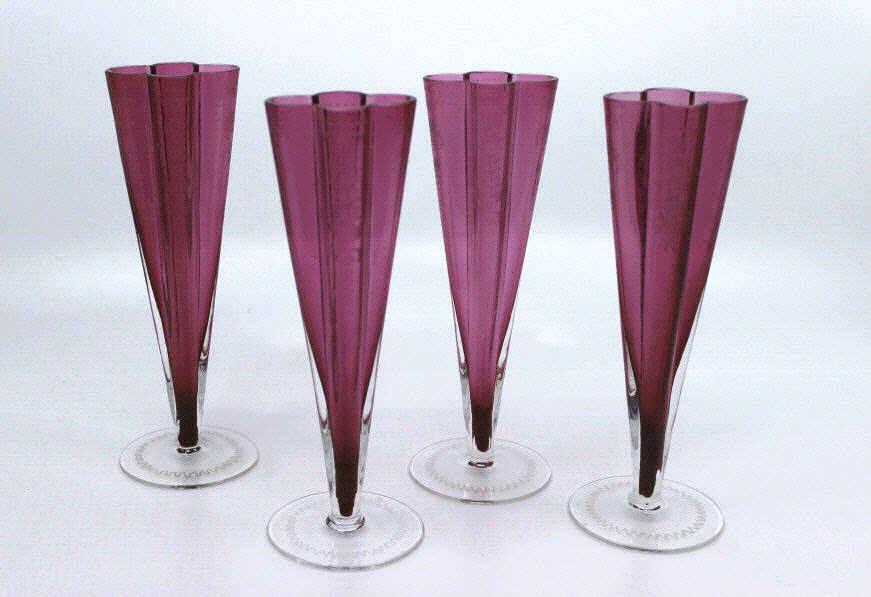 Set of 4 Moser Cranberry Etched Vases (1 of 9)