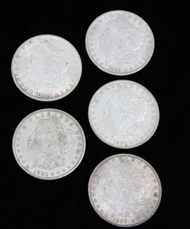 (5) Morgan Silver Dollars (3) 1889, 1990o, 1921s (1 of 8)