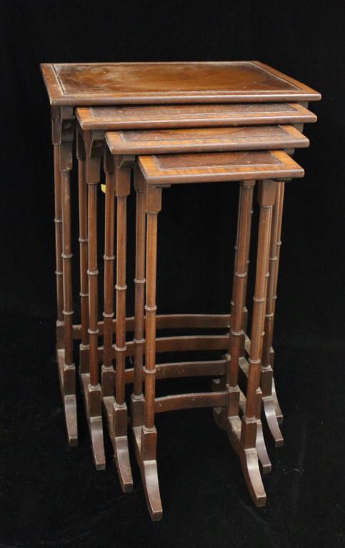Set of Mahogany Inlaid Nesting Tables: Four graduated tables, size 13.5"d x 26"h 18"w.