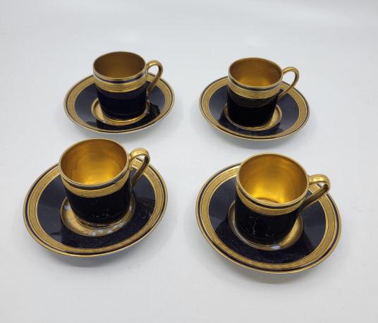 Cobalt & Gold Limoges Porcelain Demi CS: Set of four antique Cobalt Blue and Gold Limoges Porcelain Demitasse cups & saucers, Good condition gold rubbing on well of under plates.