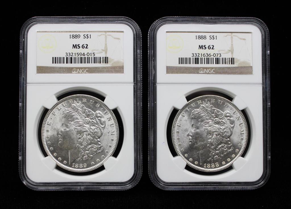 Two Morgan Silver Dollars NGC MS62 (1 of 2)