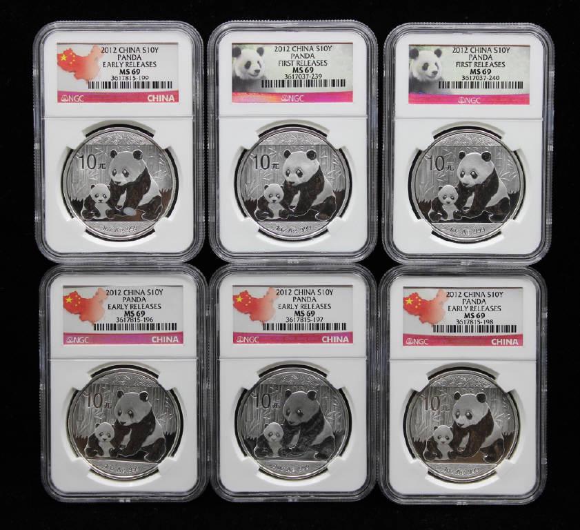 Six 2012 Chinese Silver Panda 10 Yaun (1 of 2)