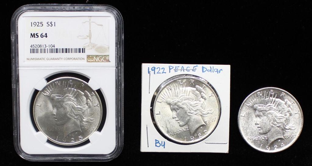 Three Graded Silver Peace Dollars (1 of 2)