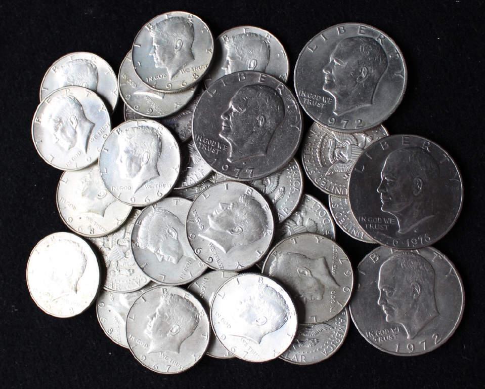 24 Mixed Kennedy Halves & 4 Eisenhower Dollars (1 of 4)