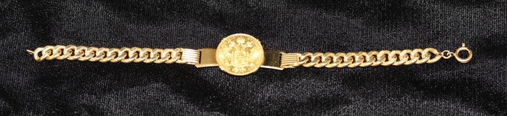 18k Gold Coin Bracelet: 18k Gold Coin Bracelet , bracelet marked 750, coin dated 1915. total weight 19 grams