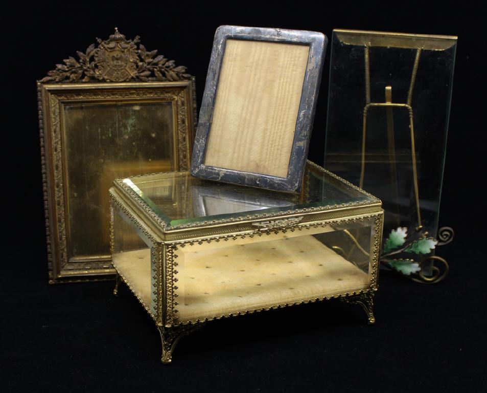 Vintage Brass & Sterling Frames & Jewelry Casket: Vintage brass & sterling frames & jewelry casket, note the corner of the floral frame has a chip on the glass.