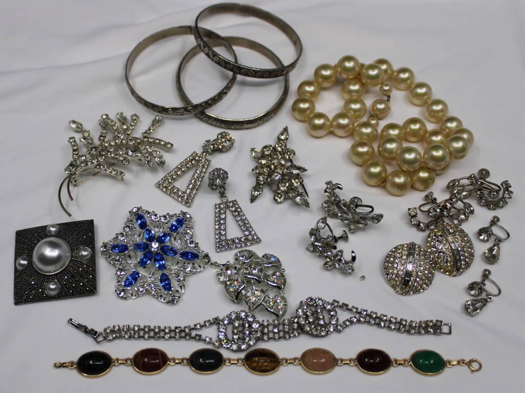 Costume Jewelry Lot: Costume jewelry lot, signed sterling marcasite pin, pearl necklace.