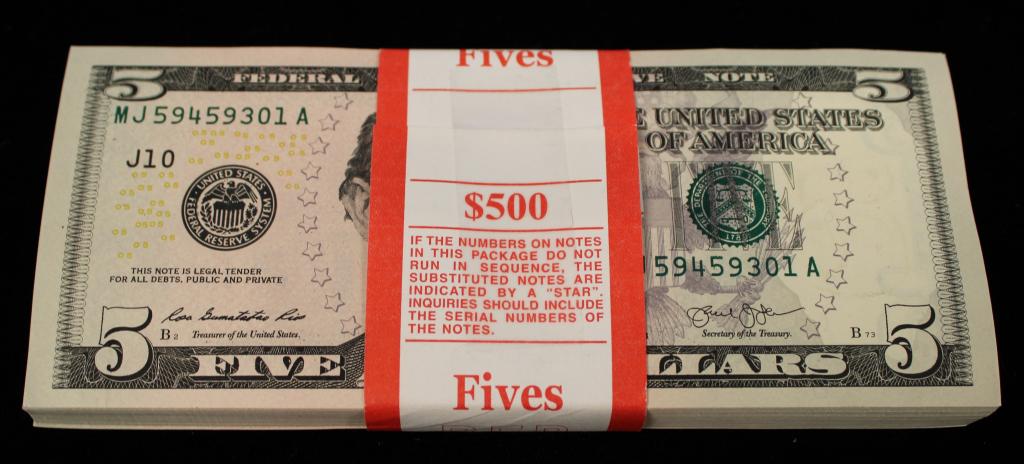 $500 Uncirculated block of $5.00 Notes (1 of 2)