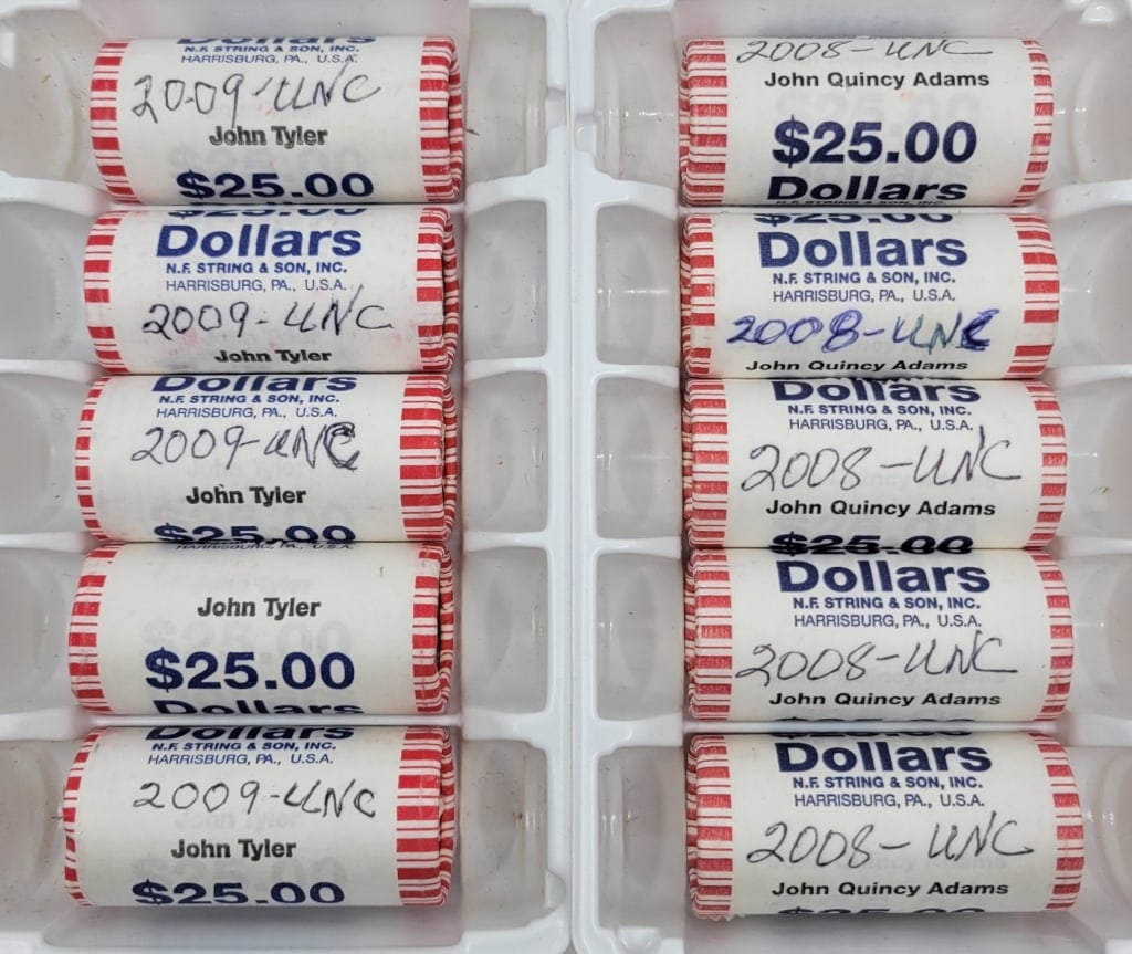 US Presidential Dollars (10) $1 Unc Mint Rolls: US Presidential Dollars (10) $1 Unc Mint Rolls (5) John Taylor & (5) John Quincy Adams