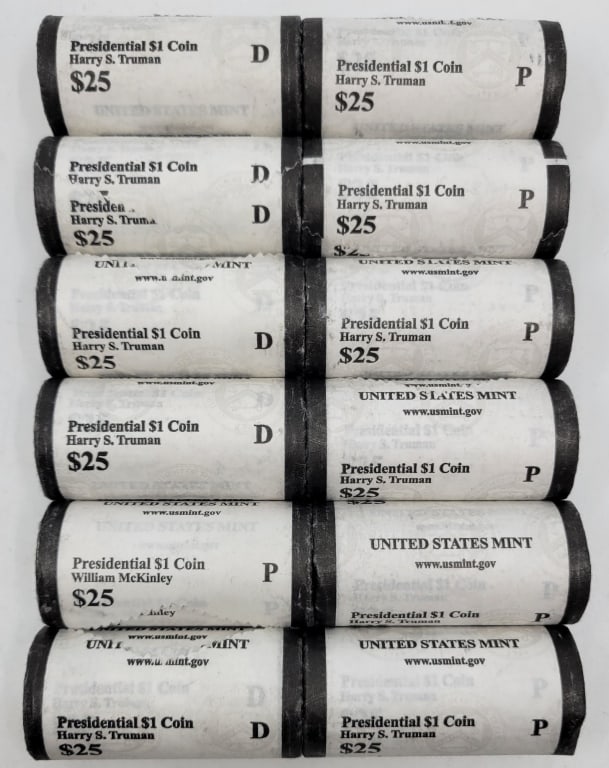(12) Mint Rolls US Presidential Dollars Coins Unc: (12) US Presidential Dollars (11) Harry S Truman (1) William McKinley