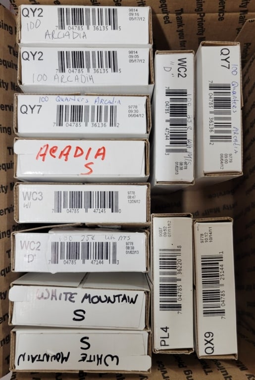 Unc America The Beautiful Quarters $300 Face: (6) unopened bags of $25- Arcadia (5) unopened bags of $25- White Mts. (1) unknown unopened box.