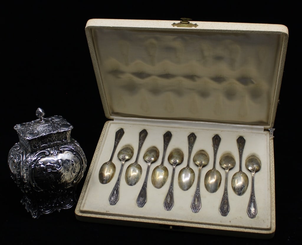Set of Silver Spoons & Decorative Tea Caddy: Set of Silver Spoons & Decorative Tea Caddy