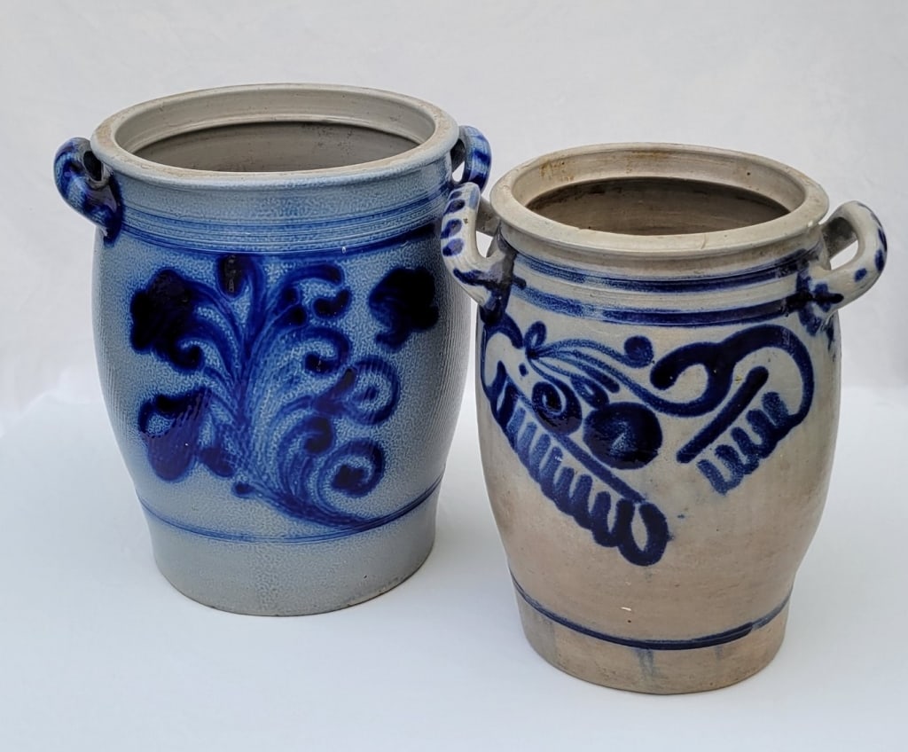 Decorated Stoneware Crocks: Height: 13" and 14"