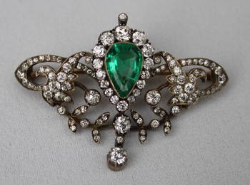 14K Diamond Emerald Victorian Brooch