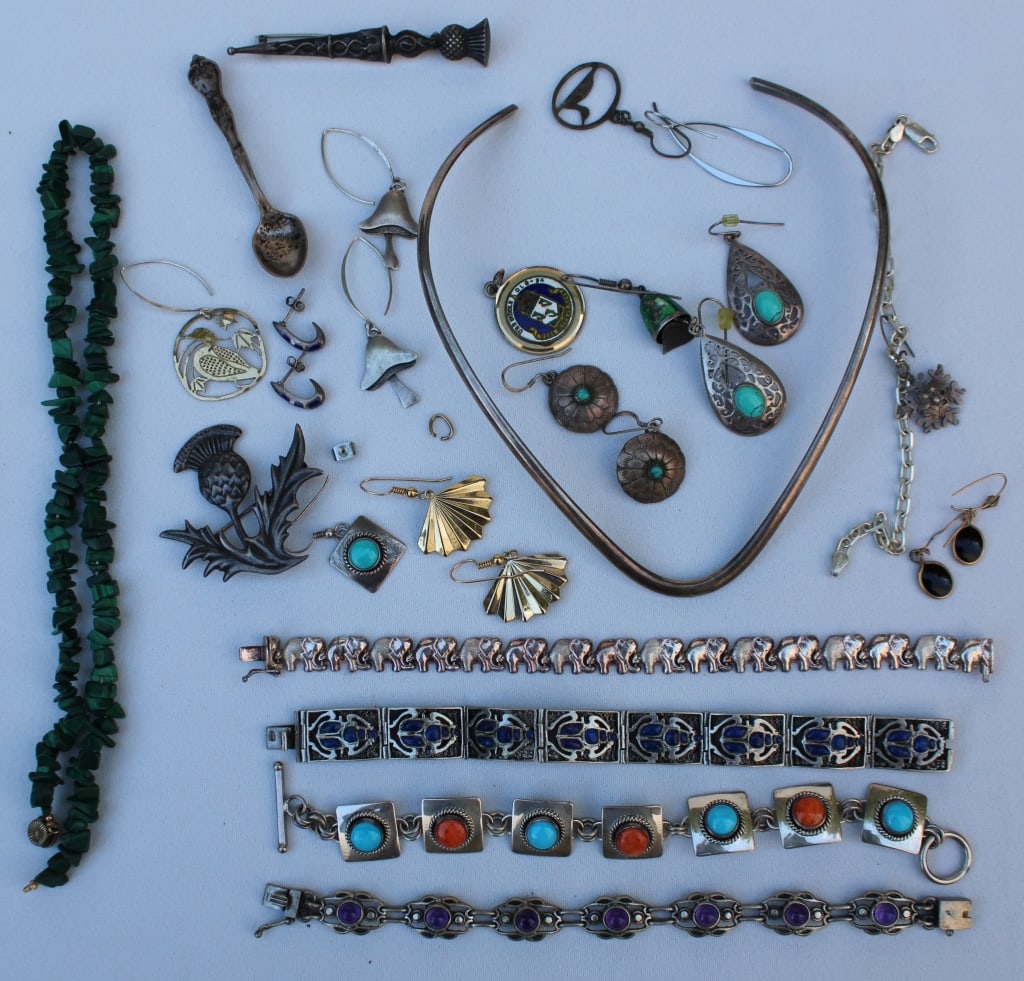Estate Silver Jewelry Grouping: Sterling silver, Native American with other costume pieces