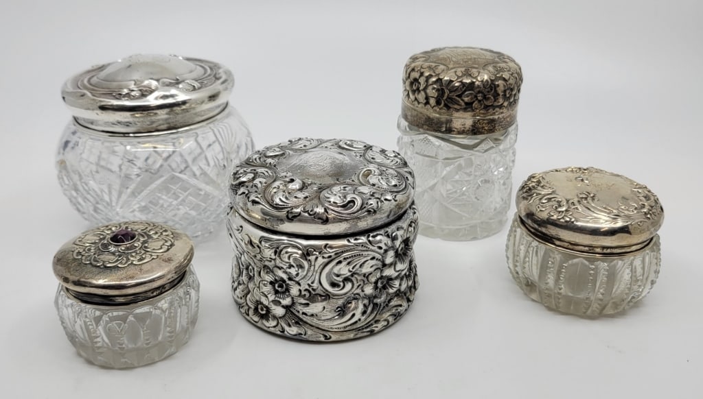Sterling Silver powder Jar & 4 Sterling Top Jars (1 of 6)