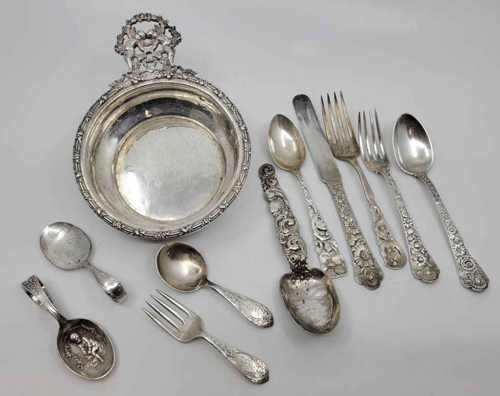 Sterling Children' Utensils Porringer Cupid Motif: Sterling Childrens Utensils Porringer Cupid Motif 16.5 troy oz.