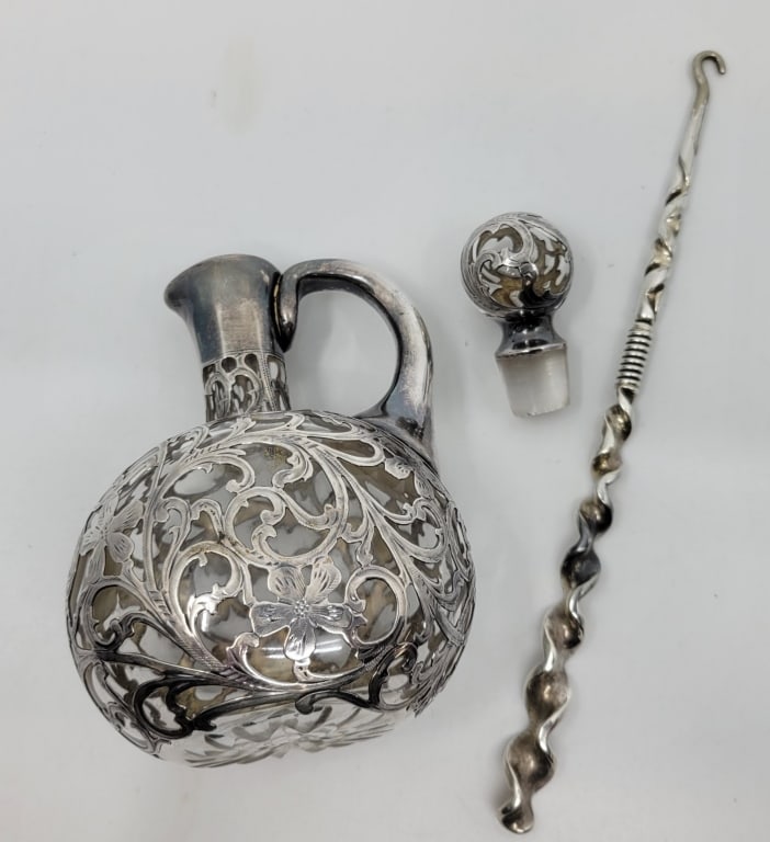 Silver Overlay Cruet & Sterling Button Hook (1 of 7)