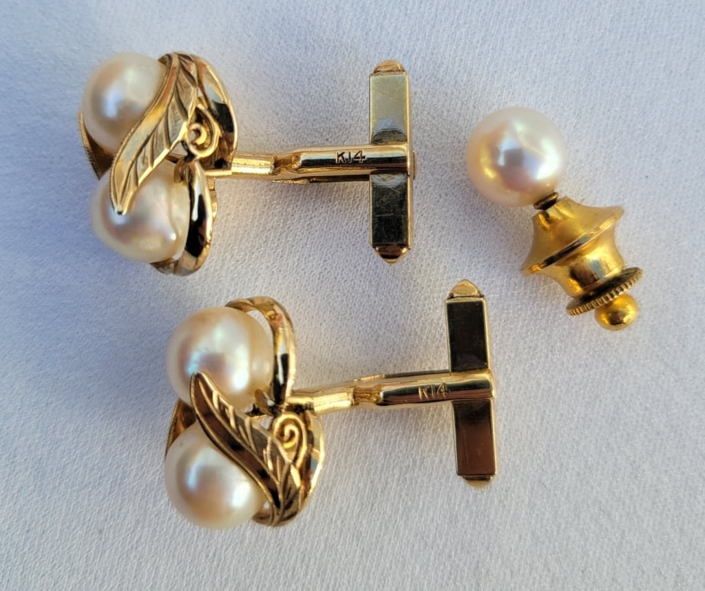14K Yellow Gold Pearl Cufflinks & Tie Tack (1 of 5)