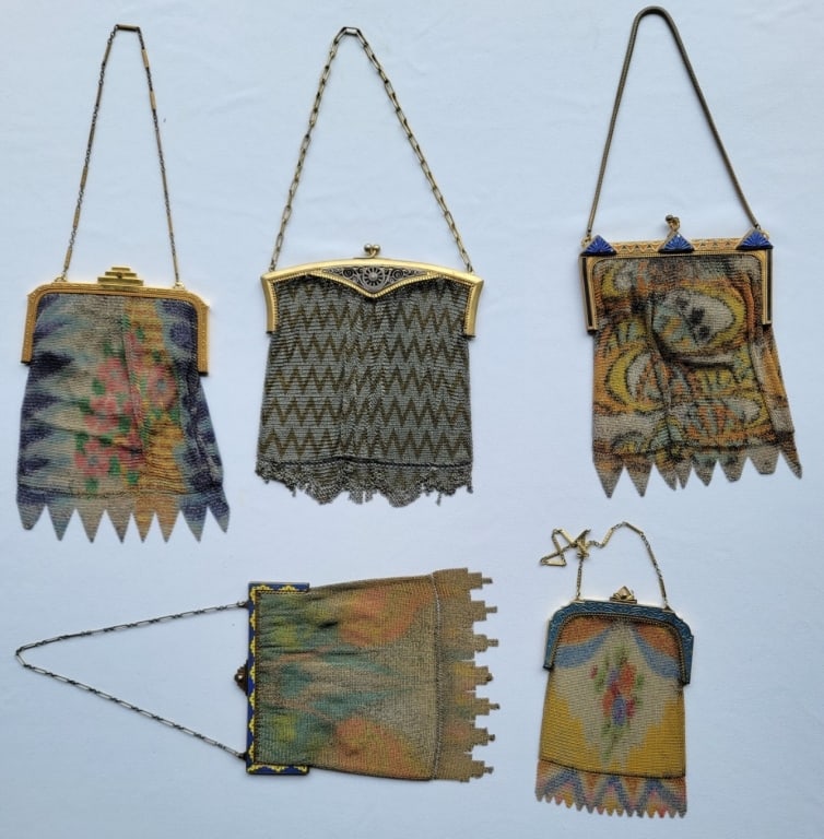Grouping of Vintage Metallic Micro Steel Mesh Bags: Grouping of Five Vintage Metallic Micro Steel Mesh Bags, condition is consistent with age.