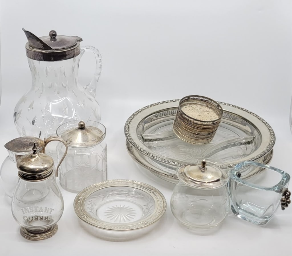 Grouping of Sterling Silver Rimmed Tableware (1 of 5)