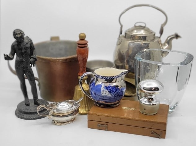 Tray Lot Bronze Figurine, Copper Bell, Master Salt (1 of 6)