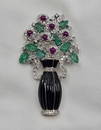 18K Emerald Ruby & Diamond Flower Vase Brooch