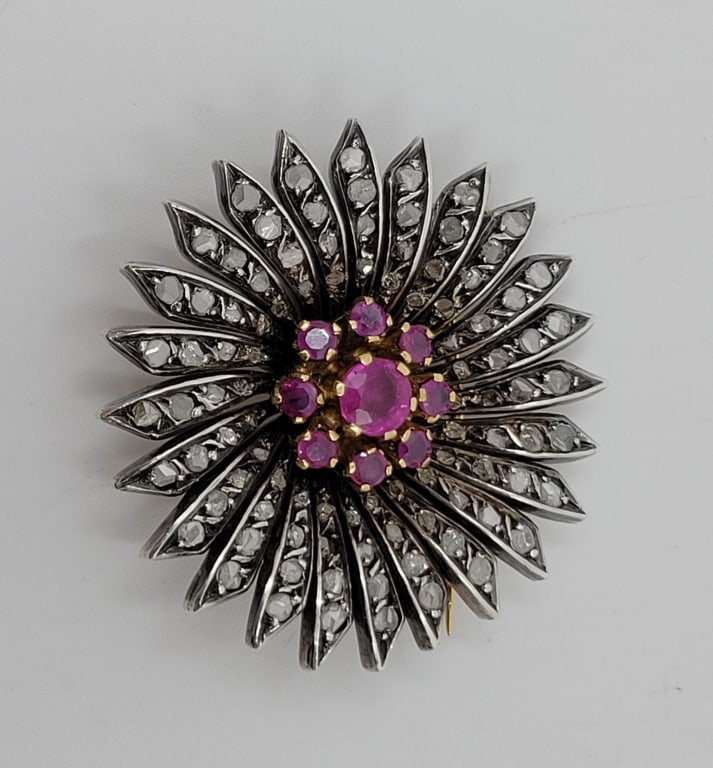 18K & Silver Diamond & Ruby Star Burst Brooch (1 of 3)