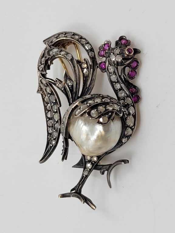 18K & Silver Rooster Baroque Pearl Ruby & Diamond Brooch (1 of 3)