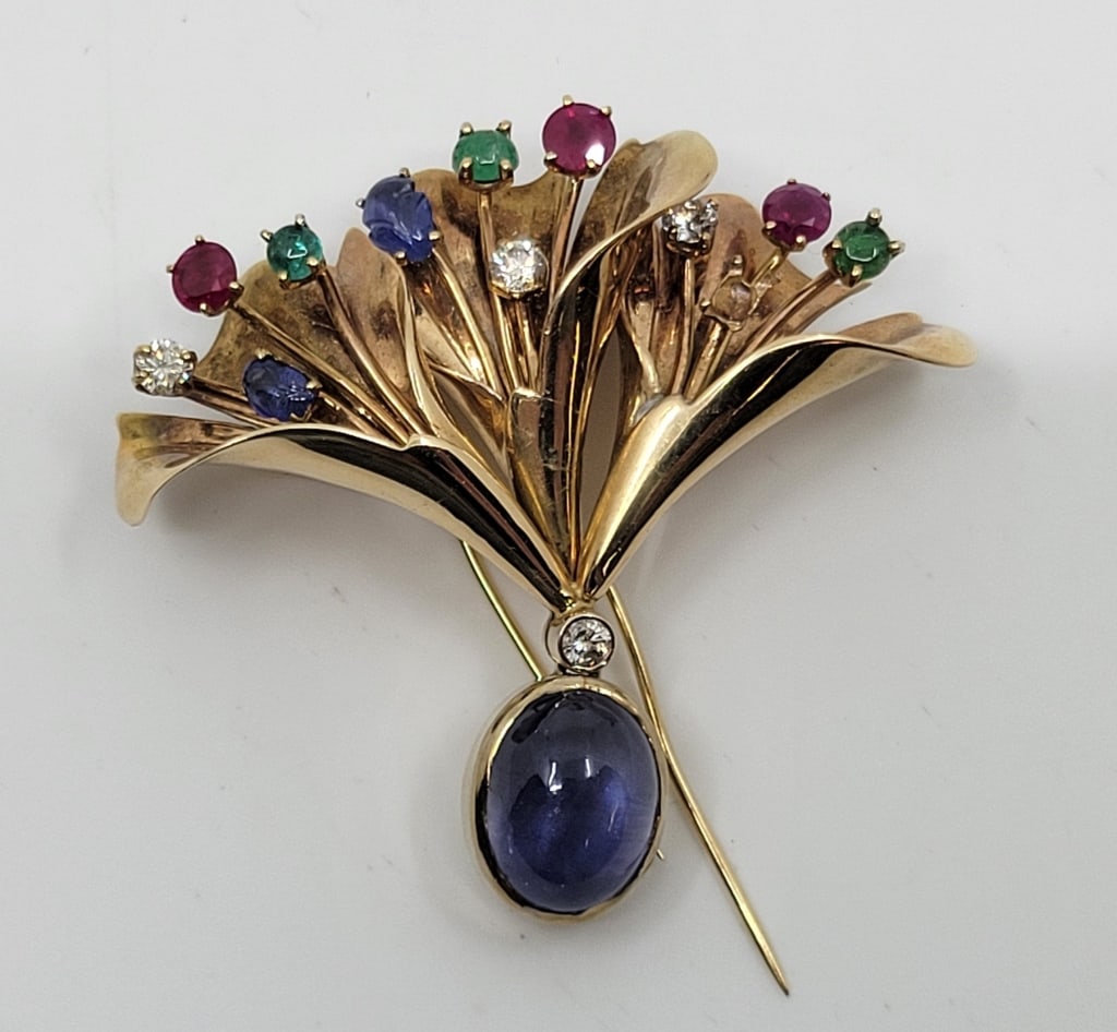 14K Gold Diamond Ruby & Sapphire Flower Brooch (1 of 4)