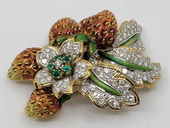 MOBA Diamond & Emerald Enamel "Strawberries" Brooc