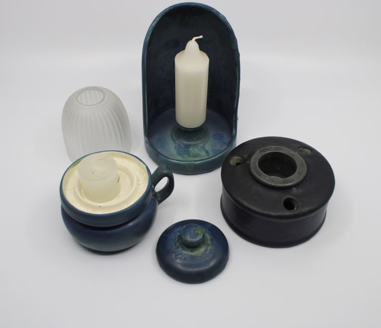 Hampshire Pottery Inkwell, Two Chamber Sticks (1 of 9)