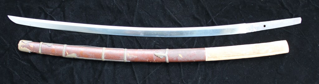 Japanese Sword With Decorated Scabbard: Japanese Sword With Decorated Scabbard, 32.75" length