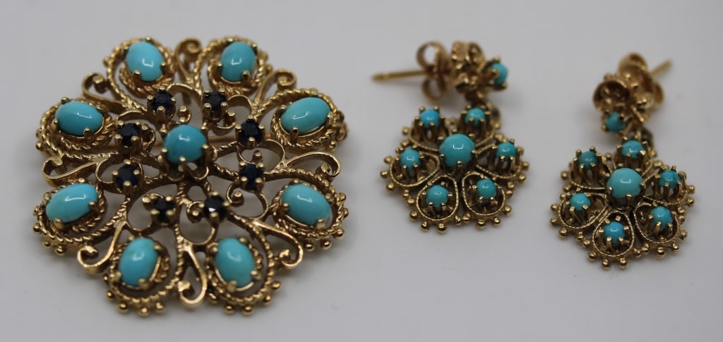 14K Yellow Gold, Turquoise & Sapphire Brooch Set: 14K Yellow gold, turquoise & sapphire brooch with earrings, 1.5 D brooch, 1" length earrings, 21 grams
