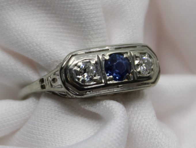 14K White Gold Diamond & Sapphire Ring: 14K White Gold Diamond & Sapphire Ring. Ring size 6.5, 2.18 grams, tested 14K.