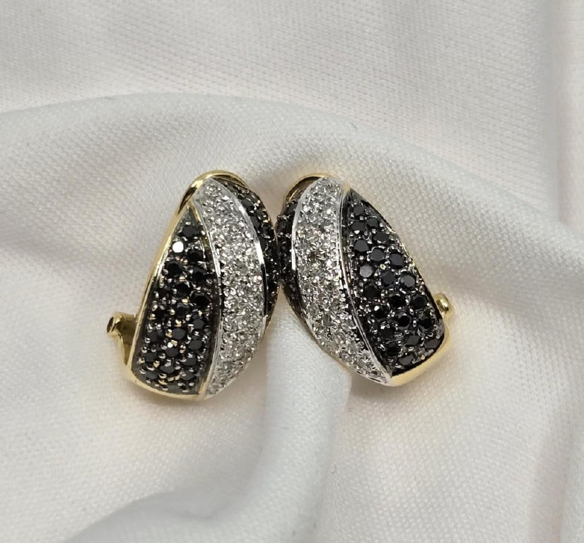 14K Gold White & Black Diamond Earrings: 14K Gold White & Black Diamond Earrings, .75" length, 7.25 grams