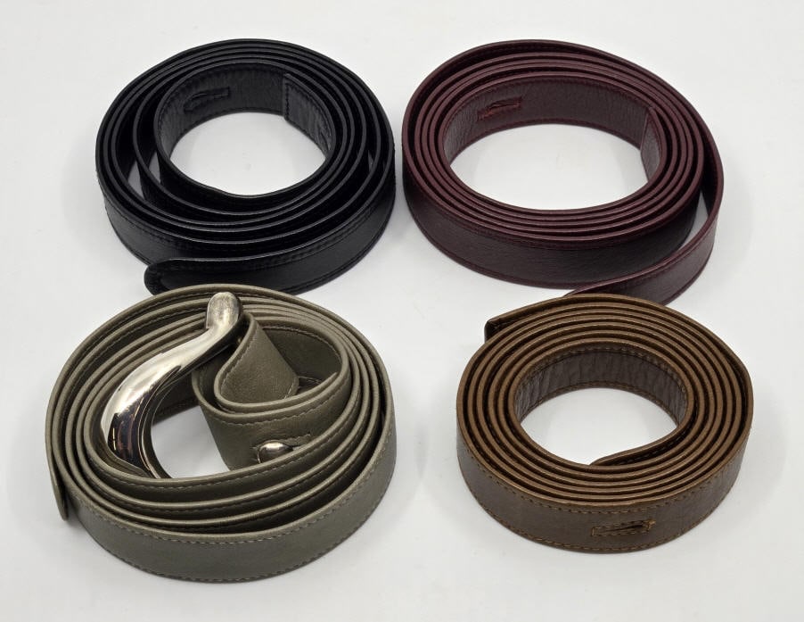 Elsa Peretti Tiffany & Co. Sterling Belts: Elsa Peretti Tiffany & Co. Sterling Belt marked made in Italy 1975, selling one buckle with (4) interchangeable leather all marked Tiffany, 3/4 "width x 46" leather length,