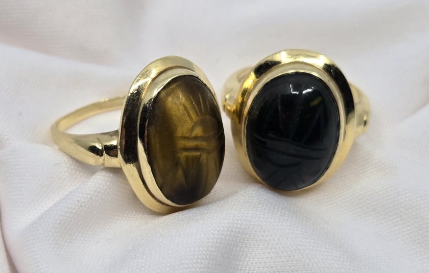 14K Yellow Gold Rings Agate Scarab & Tigers Eye (1 of 3)