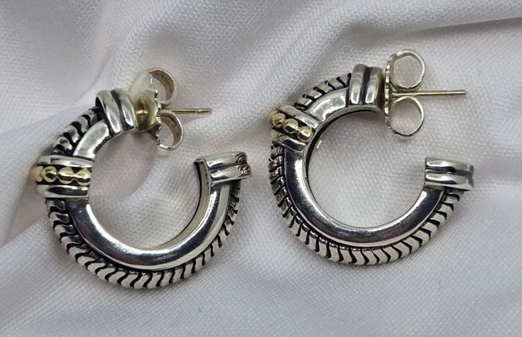 Lagos Cavier 18K & Sterling Hoop Earrings: Lagos Cavier 18K & Sterling Hoop Earrings, 17.48 grams