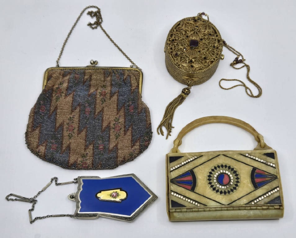 Grouping of Antique Deco Bags: Grouping of Antique Deco Bags, condition consistent with age.