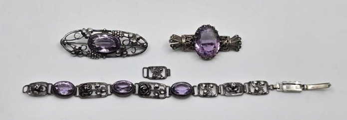 Antique Sterling & Amethyst Jewelry: 5.5" bracelet; 2" brooch; 1.75" brooch, 24.85 grams